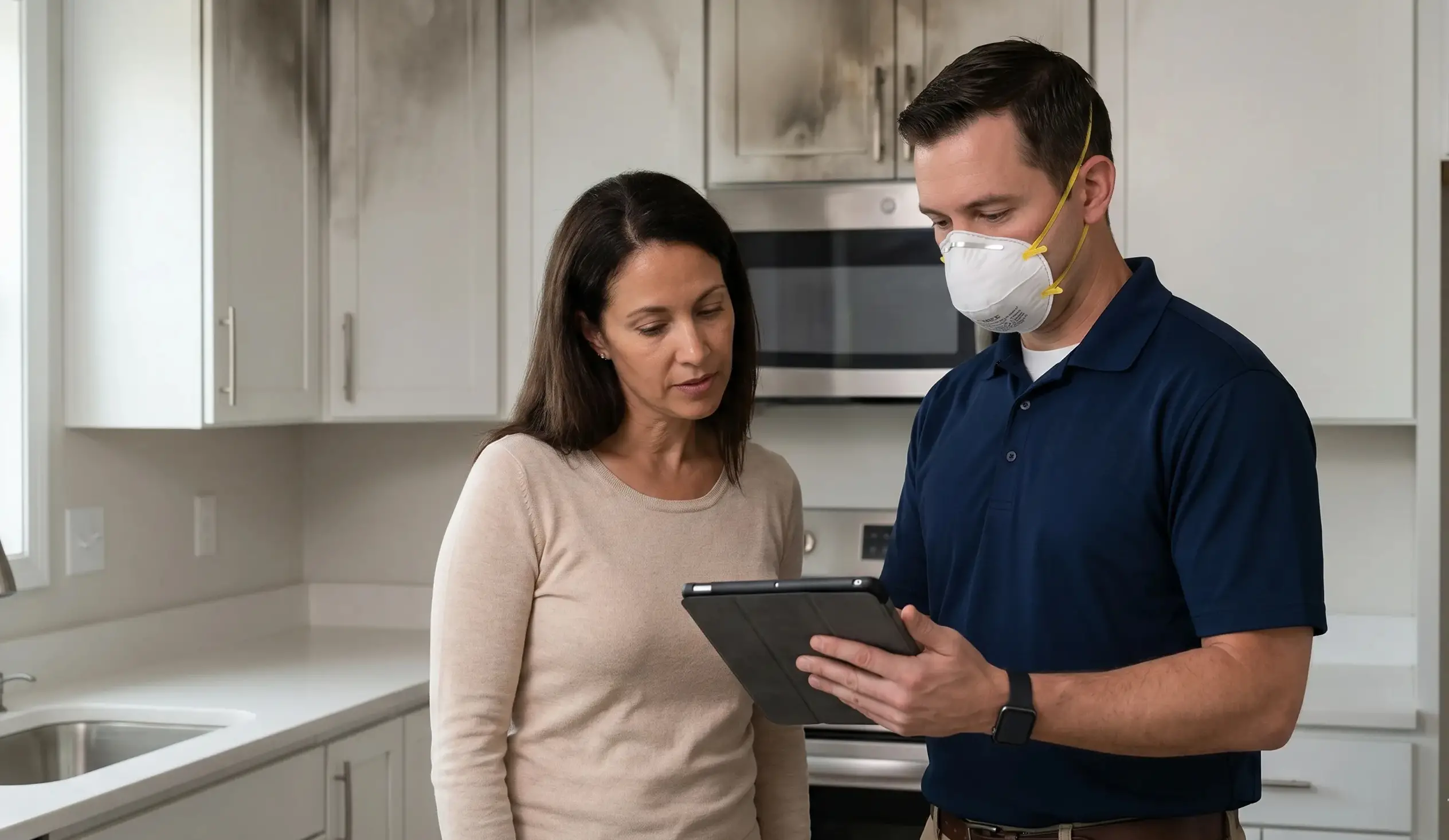 Homeowner documenting property damage for fire damage insurance claims with an expert.
