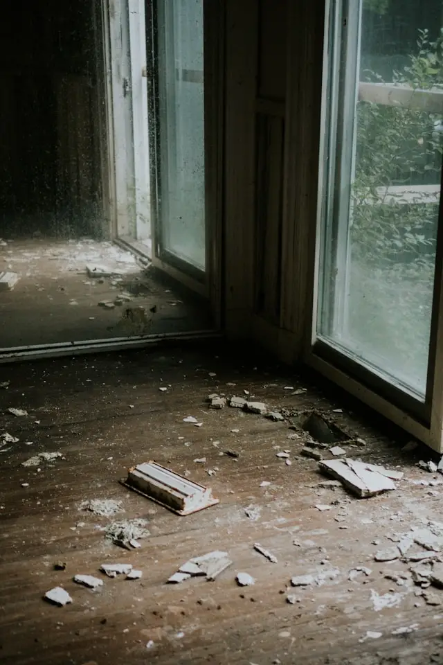 Interior room showing fire and smoke debris that should be documented before cleanup begins.