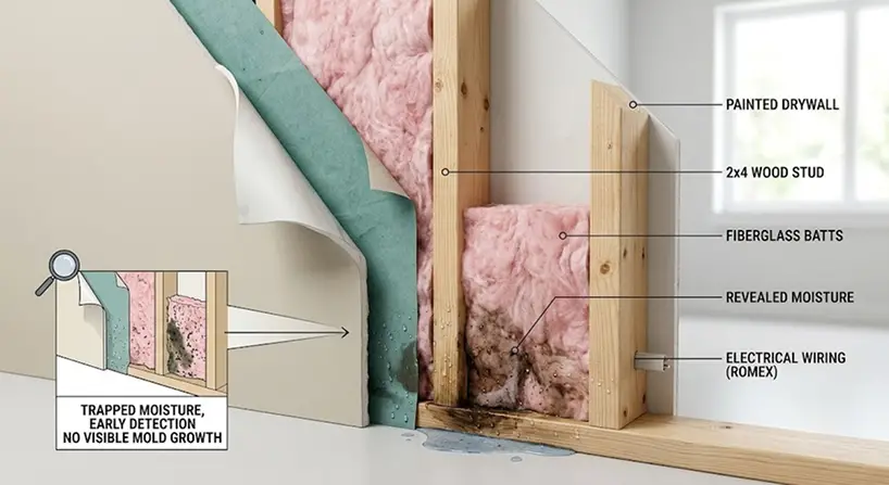 Professional inspecting warped hardwood flooring caused by hidden moisture.