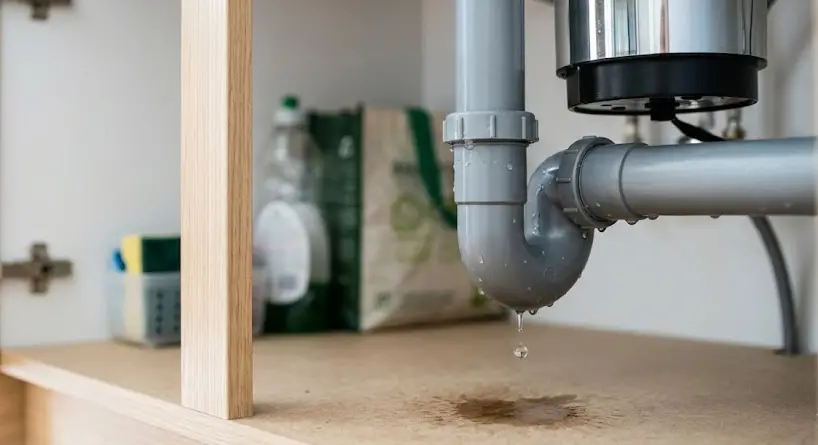 Slow plumbing leak creating hidden moisture beneath a kitchen sink.