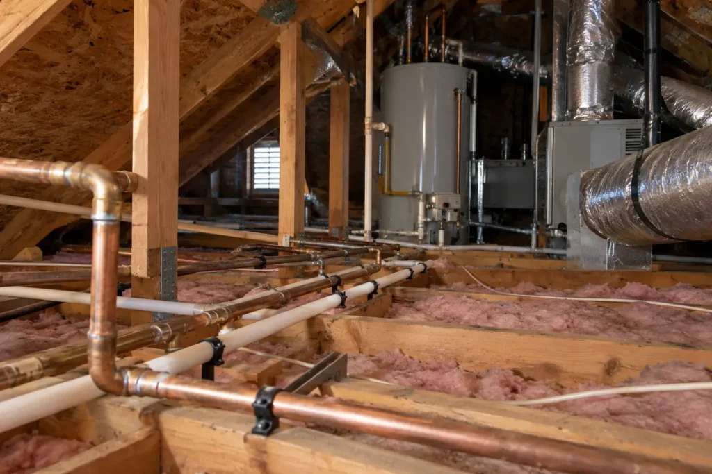 Technical penthouse with piping and HVAC systems